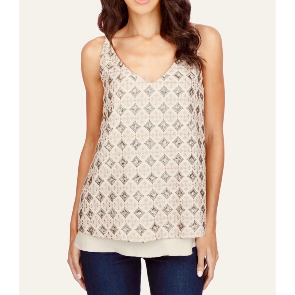 Lucky Brand 🌿 Beige Tan Geometric Embroidered Embellished Tank 🌸 retail $129